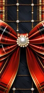 Elegant red tartan bow with pearls mobile wallpaper.