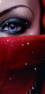 Mysterious eye set against a red veil.