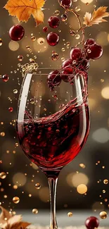 Red wine splash with grapes and autumn leaves.