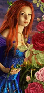 Redhead woman with roses in a floral-themed wallpaper.