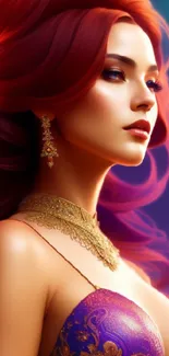 Elegant artwork of a redhead with vibrant colors and gold details.