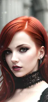 Gothic portrait of a redheaded woman with elegant style and striking makeup.