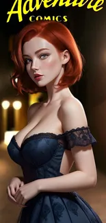 Elegant redhead in comics style art with dark blue dress and night background.