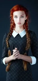 Wallpaper of a red-haired girl in a vintage dress with a dark background.