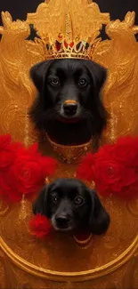 Dogs on a golden throne with red roses, ideal for elegant wallpapers.