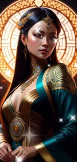 Fantasy art wallpaper with regal figure and glowing halo in dark teal and gold.