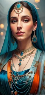 Elegant woman in teal attire adorned with intricate jewelry.