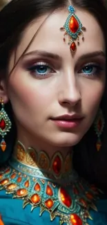 Elegant regal portrait with jewelry and blue hues.