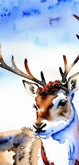 Watercolor illustration of a reindeer with antlers and floral crown.