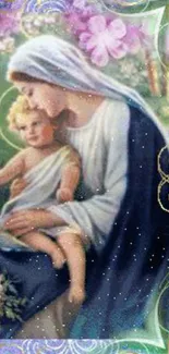 Elegant religious wallpaper with mother and child.