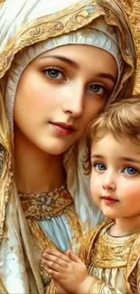 A beautiful religious artwork of a mother and child, radiating serenity and elegance.