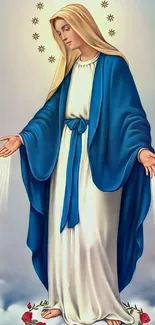 Elegant religious icon with blue cape and serene expression.