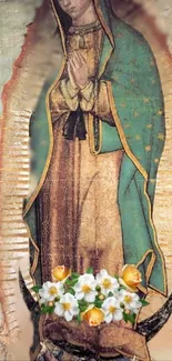 Elegant religious figure with a floral backdrop in a teal cloak.