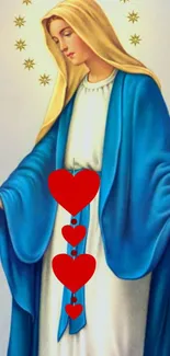 Religious mobile wallpaper with blue robe and red hearts.