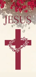 Maroon cross with crown of thorns on cream background and pink flowers.