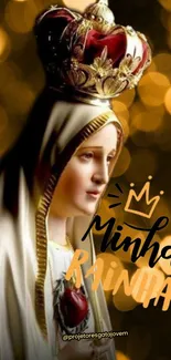 Elegant religious wallpaper with golden bokeh and crowned figure.