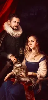 Elegant Renaissance couple portrait with a cat in rich colors.