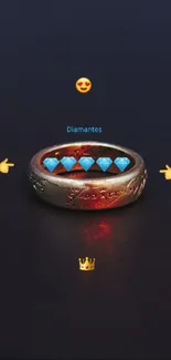 Gold ring with blue diamonds and emojis on dark background wallpaper.