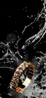 Golden ring with water splash on black background.