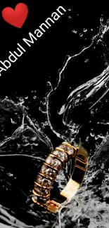 Elegant gold ring in water splash with black background.