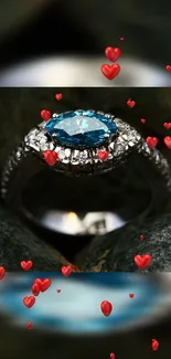 Dazzling blue gemstone ring with floating red hearts.