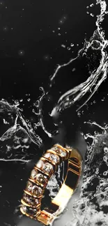 Golden diamond ring with water splash effect on black background.