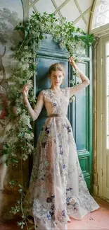 Elegant woman in floral dress beside vintage green wall.