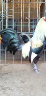 Majestic rooster with vibrant feathers in a cage setting.