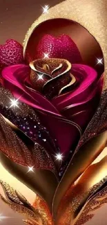 Elegant abstract rose art with gold and magenta hues in a stylish wallpaper.