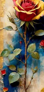 Red rose on abstract artistic background.
