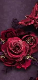 Mobile wallpaper with red roses and a bird on a purple background.