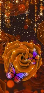 Orange roses and butterflies on dark background wallpaper.