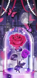 Elegant wallpaper with roses, butterflies and a purple background.