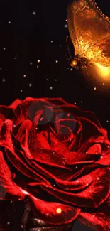 Elegant red rose with glowing butterfly art wallpaper.