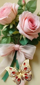 Elegant pink roses with jeweled butterfly on beige background.