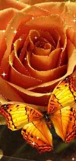 Elegant orange rose with butterfly on artistic wallpaper.