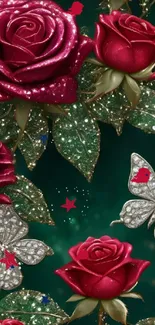 Red roses and silver butterflies on a green background.