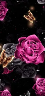 Elegant black wallpaper with pink roses and glowing butterflies.