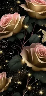 Elegant roses and butterfly on a dark background.
