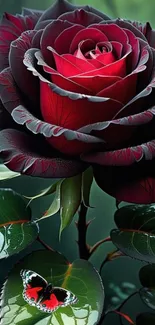 A vibrant red rose with a butterfly on glossy green leaves.