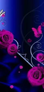 Elegant mobile wallpaper with pink roses and butterflies on a dark blue background.