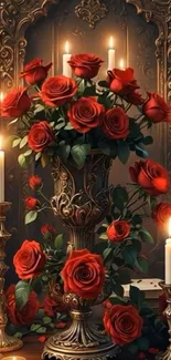 Red roses and candles in a vintage decor display.