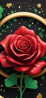 Red rose with clover leaves and golden rings design.
