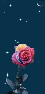 Multicolor rose with crescent moon on a deep blue background.