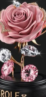 Pink rose with crystals on black background.