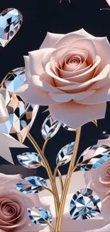 Elegant pink rose and crystal heart wallpaper art.