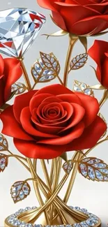 Red roses with gold stems and a diamond accent.