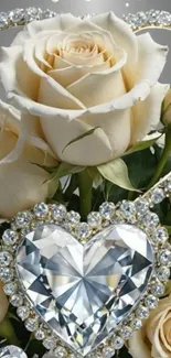 Cream roses with diamond heart accent wallpaper.