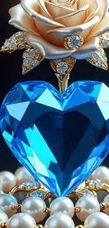 A golden rose with a blue gem heart and pearls.