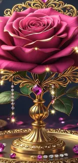 Ornate golden frame with vibrant rose and jewels in elegant design.